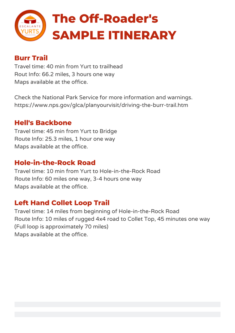 Escalante Yurts Off Road Itinerary